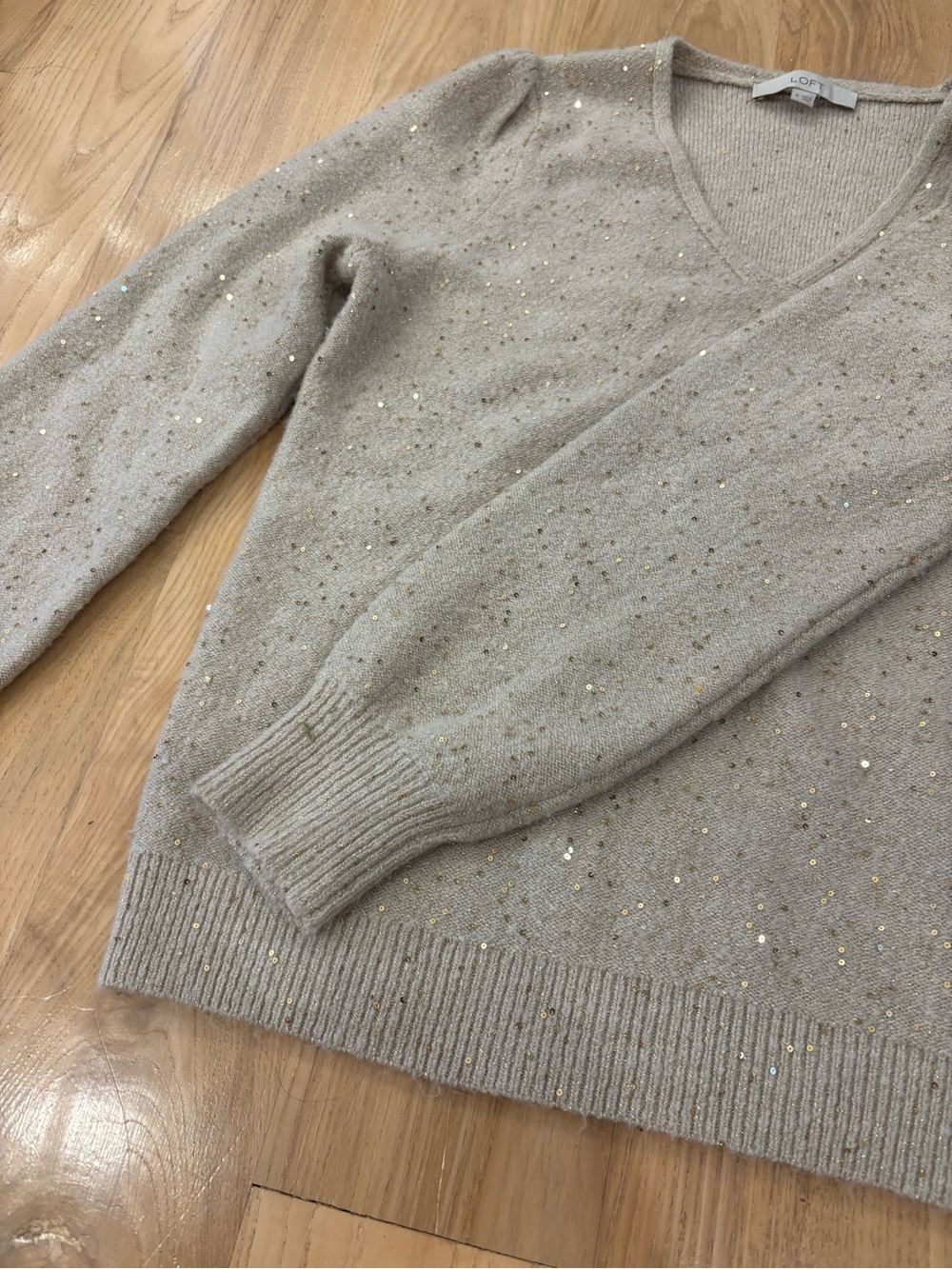 LOFT Sequin Double V-Neck Sweater Taupe Sand Medium - Picture 6 of 8